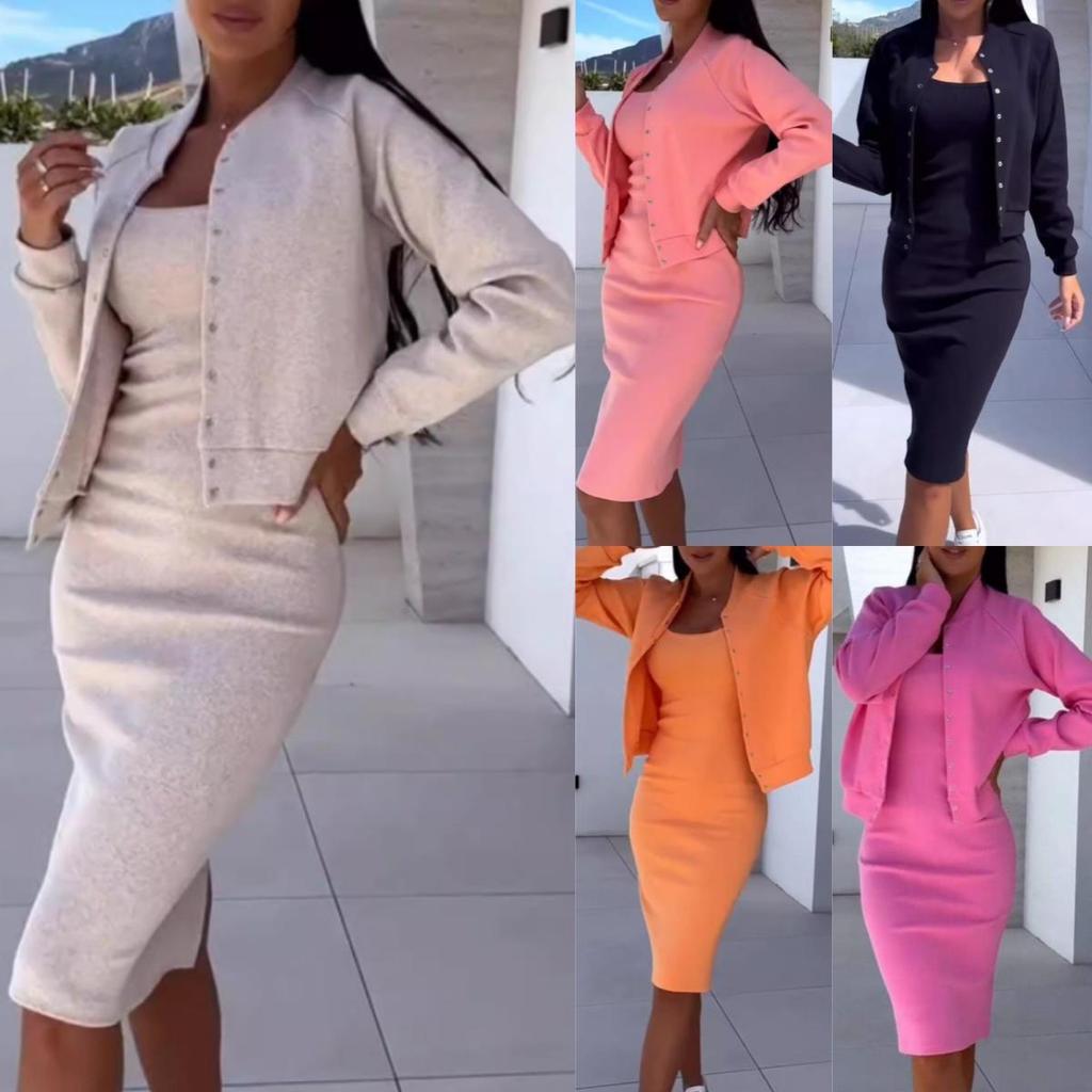 Women's Solid Color Commuter Slim Party Outfit Suit Fashion Casual Long Sleeved Coat with Suspenders Dress Set Fall Elegant
