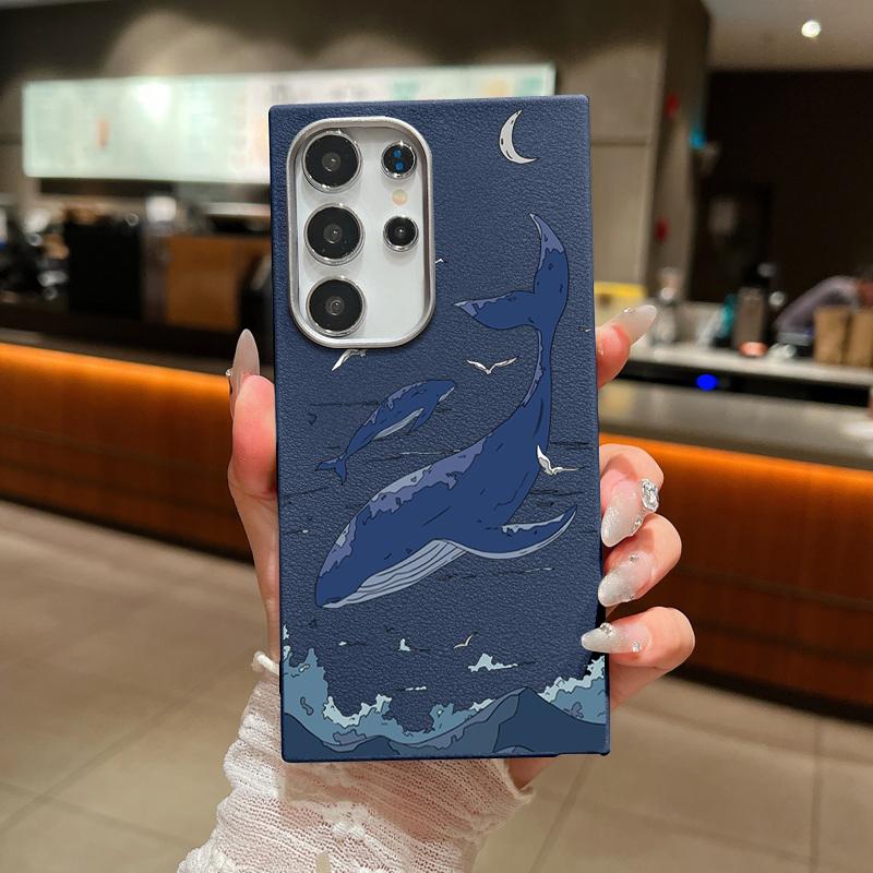 Whale Print Leather Texture TPU Phone Case For Samsung S25 S24 FE S23 Ultra S22 A56 A36 A16 A15 A55 A35 Slim Shockproof Matte Soft Bumper Cover