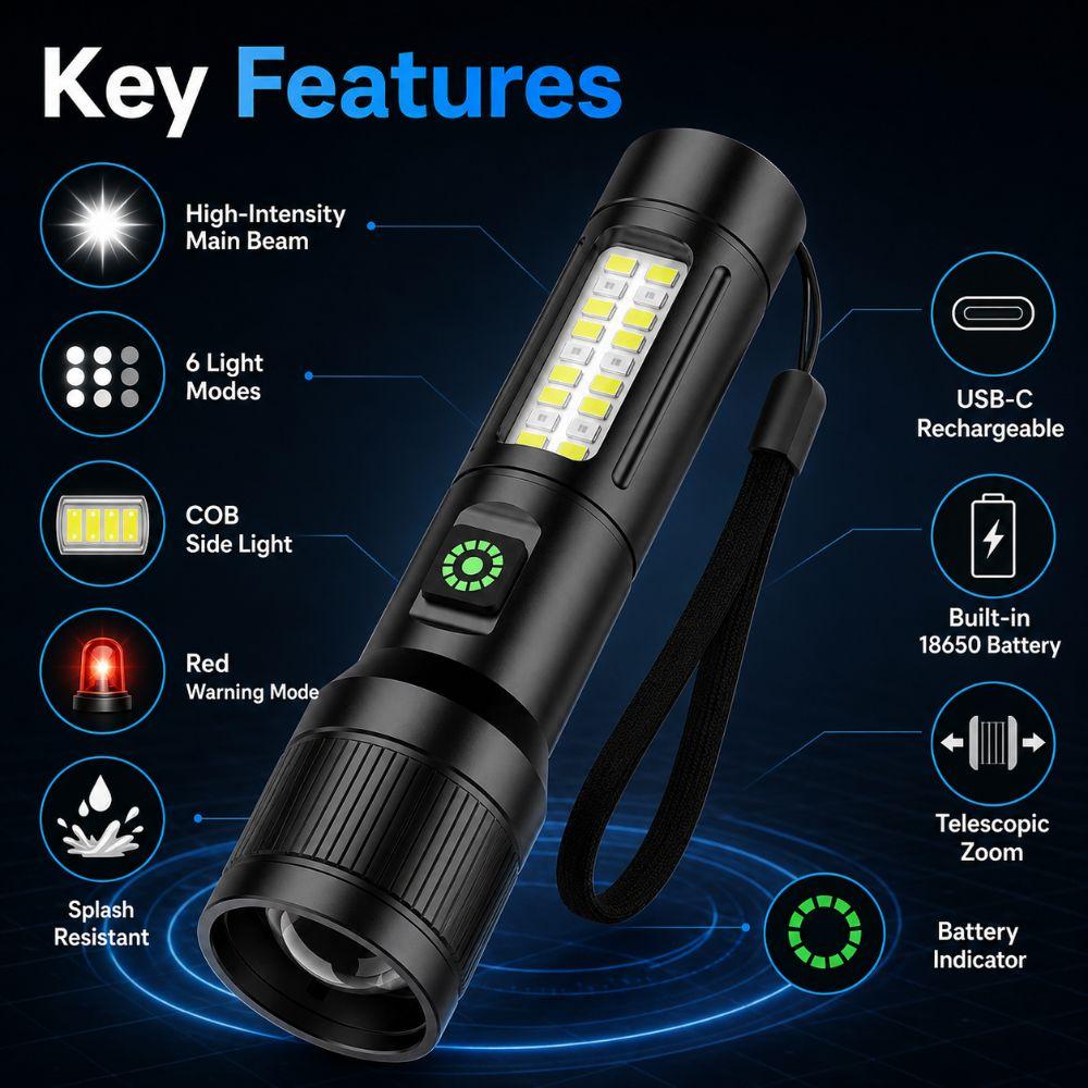 Adjustable Beam COB Side Light Rechargeable Outdoor Flashlight LED Flashlight  Camping Hiking