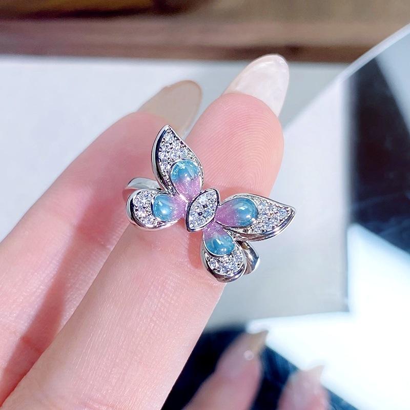 Farbsinfonie Blau Lila Emaille Öltropfen Schmetterling Öffnungsring Süße Persönlichkeit Stapelbar Nische Hoher Sinn Ring Frau