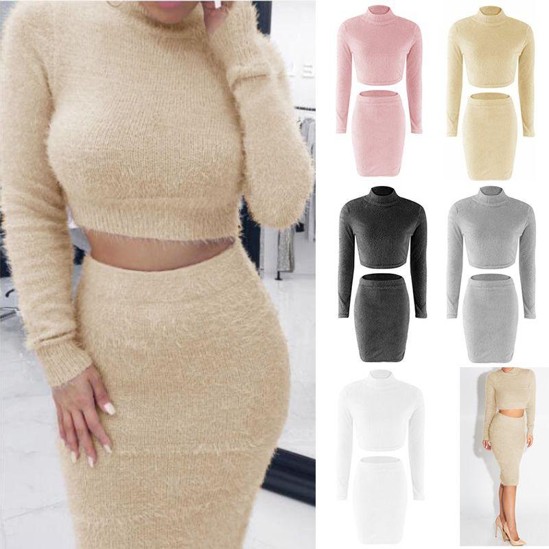 Stylish 2pcs/set Winter Sexy Womens Sweater Dress Bodycon Crop Top And Skirt Set