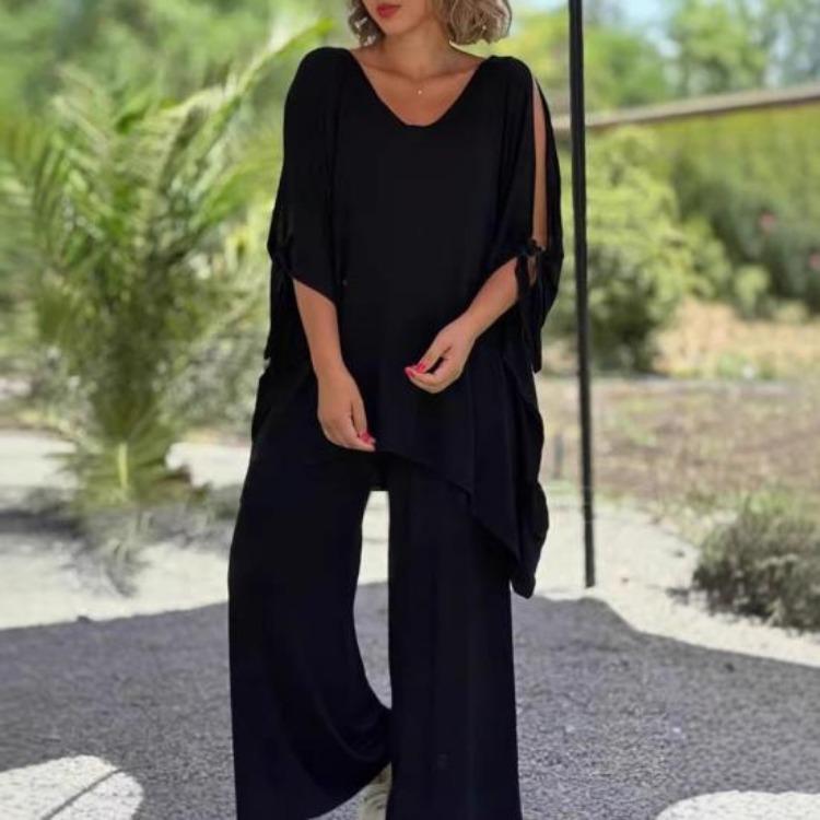 Boho Damen lockeres zweiteiliges Set lässiger Pullover-Top mit kurzen Ärmeln