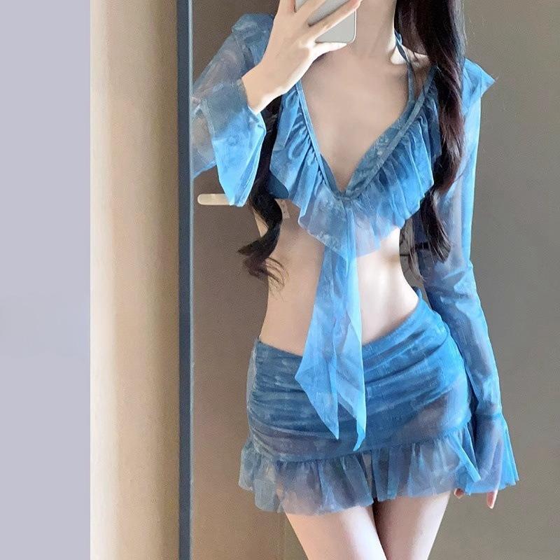

Elegant Blue Tie Dye Swimsuit Set with Ruffle Sheer Long Sleeve Top Mini Skirt Modest Swimwear for Beach Pool Vacation XL синій