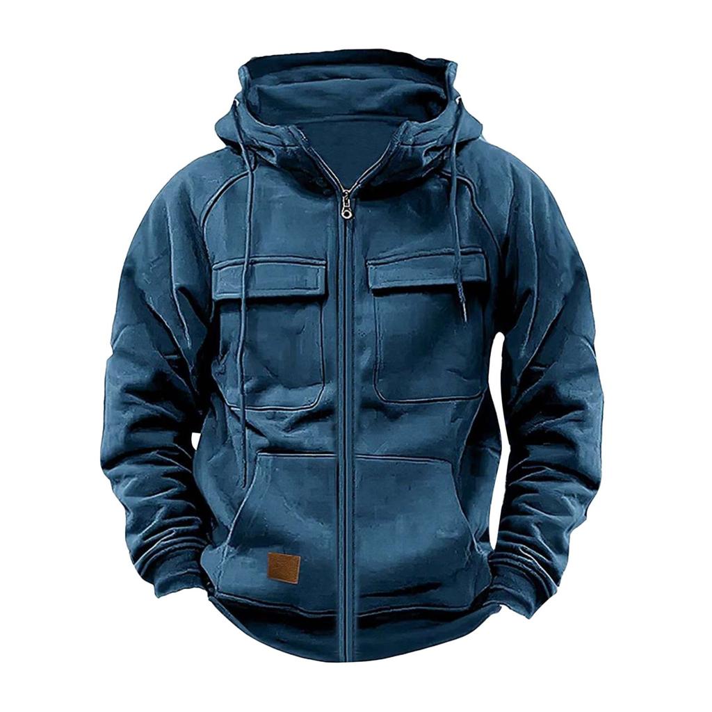 Außenhandel Herbst und Winter Herren Kapuzenpullover einfarbig Retro locker Mehrfach-Taschen Reißverschluss Pullover