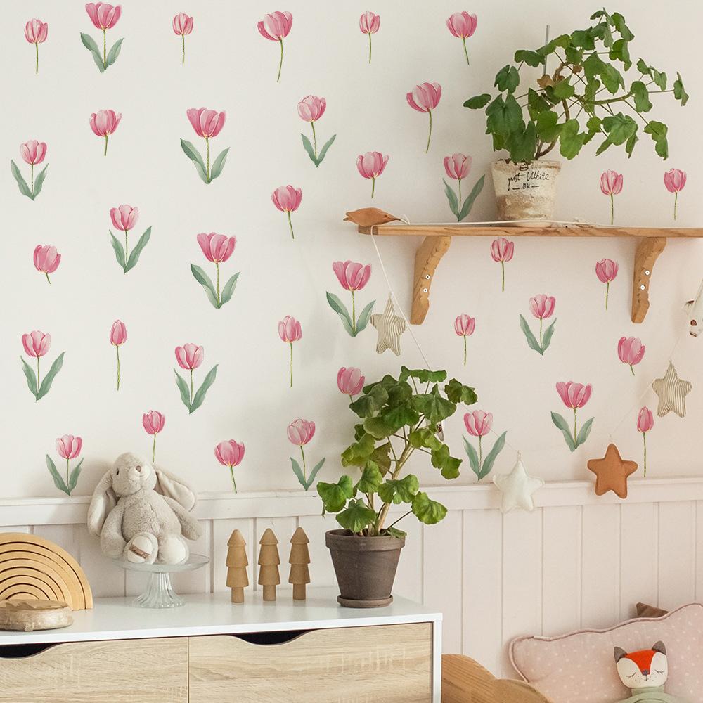 2 Pcs Simple Pen Pink Tulips Bedroom Living Room Home Wall Background Beautification Decoration Wall Stickers