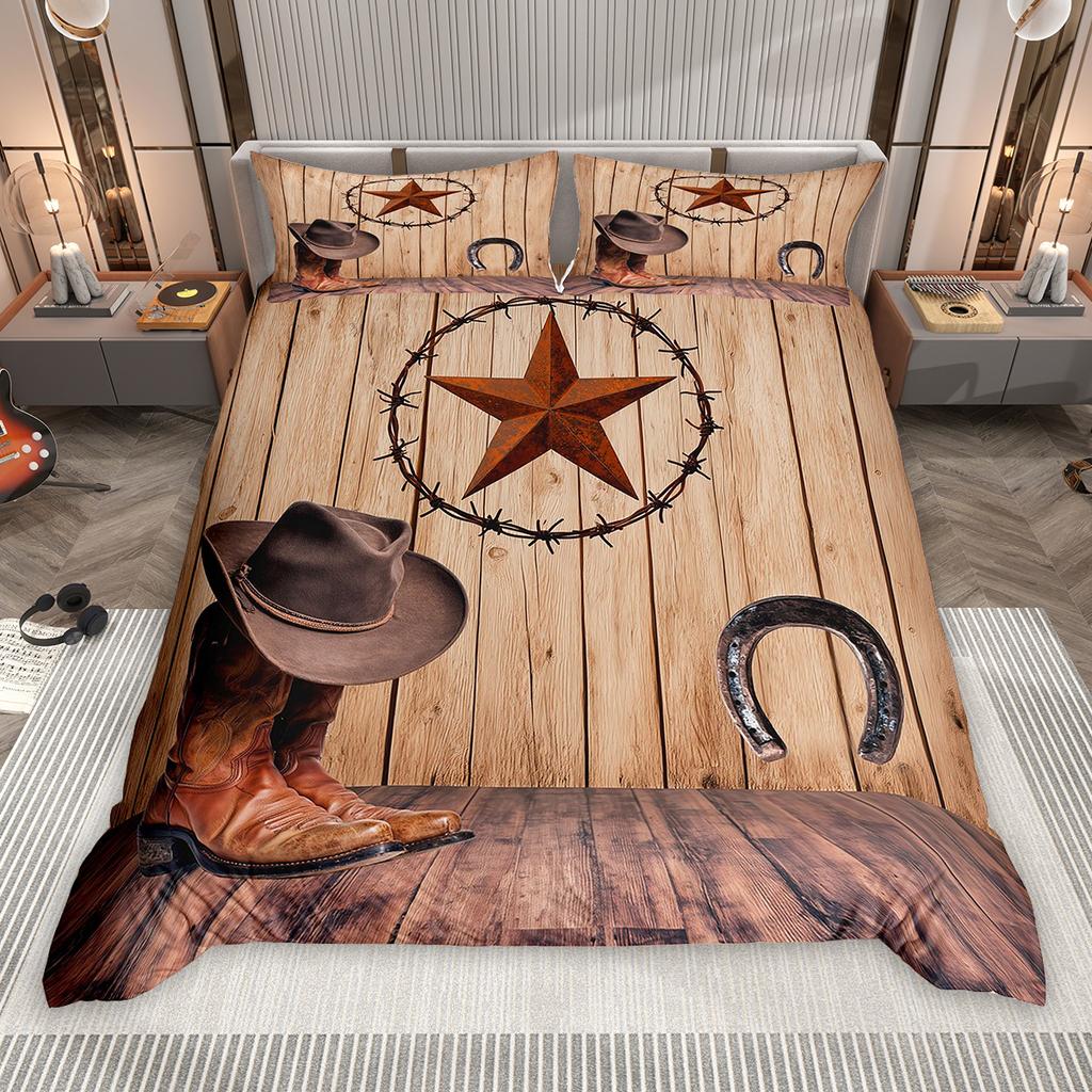 Homewish Southwestern Cowboy Cowgirl Duvet Cover Set 2pcs/3pcs, Rustic Texas Star Bedding, Retro Hat Boots Quilt Cover Set