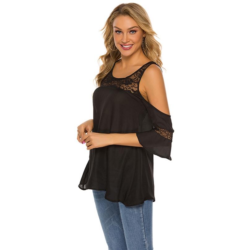 Women's Fashion Casual Round Neck Off-shoulder Lace Stitching Flared Short-sleeved Top