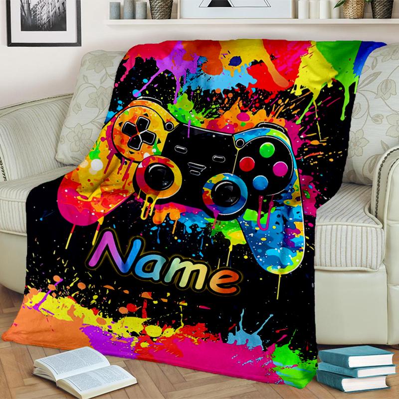 1PC Custom Name Colorful Controller Flannel Blanket Versatile, All-season Throw Suitable for the Living Room, Bedroom, Camping, Travel, and Gift