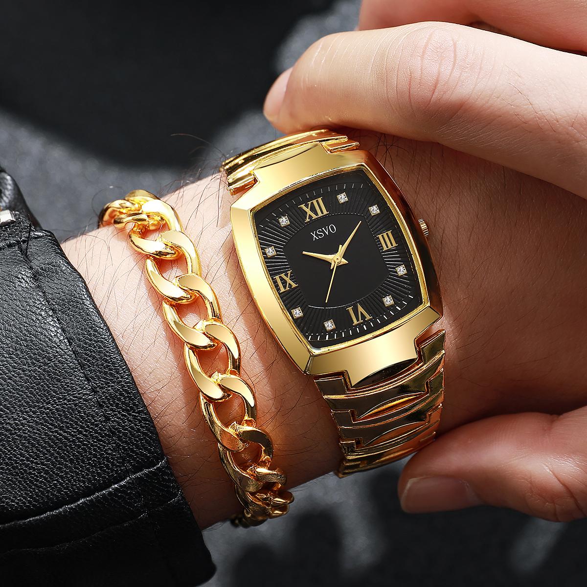 

Новый простой деловой модный тренд темпераментный высококлассный дизайн креативный мужской набор из часов и браслета золотой