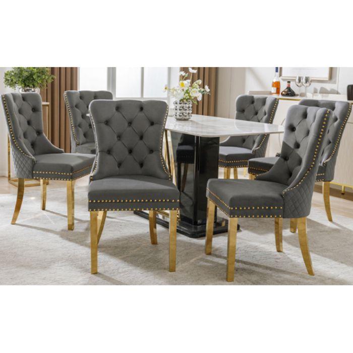 Chaises De Salle À Manger - MUVOE - Gris/Doré - Lot De 6 - Velours - Métal Doré