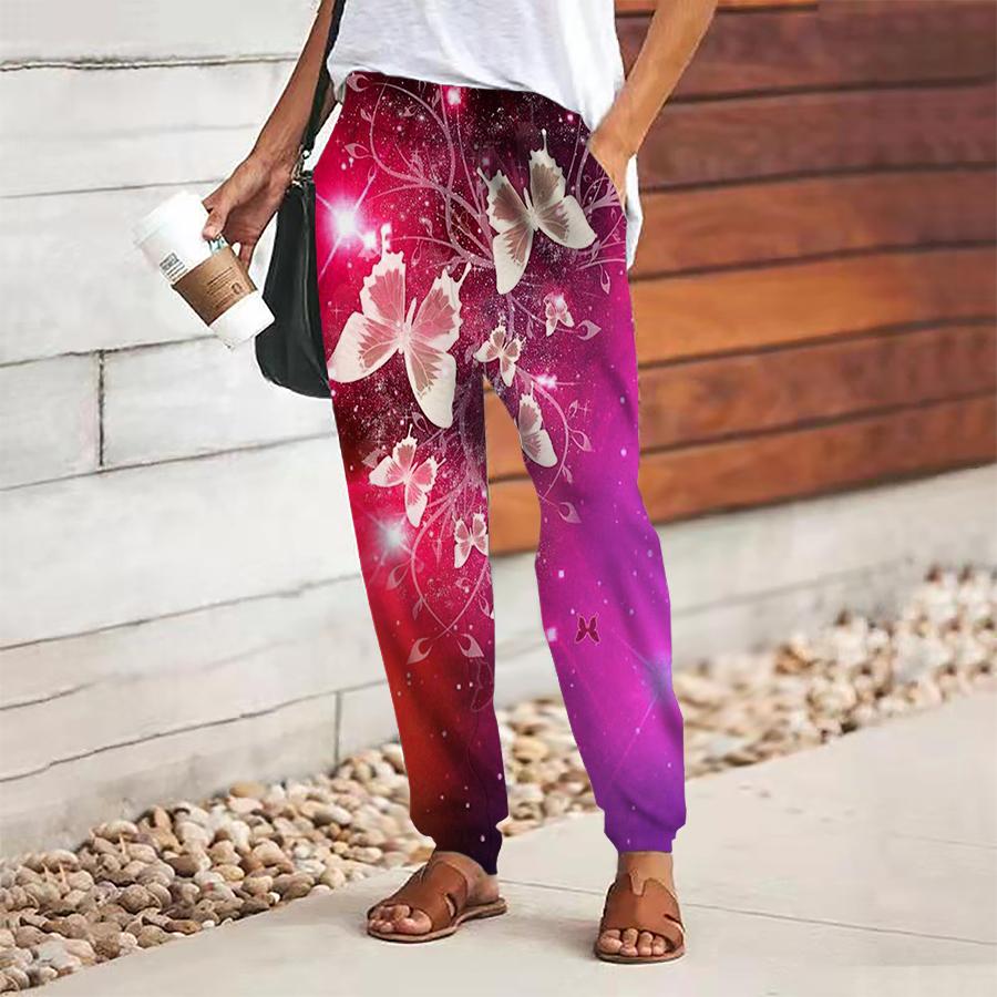 

Женские брюки с принтом бабочек, на шнуровке, с эластичной талией, свободные, повседневные длинные брюки, брюки с карманами 8XL