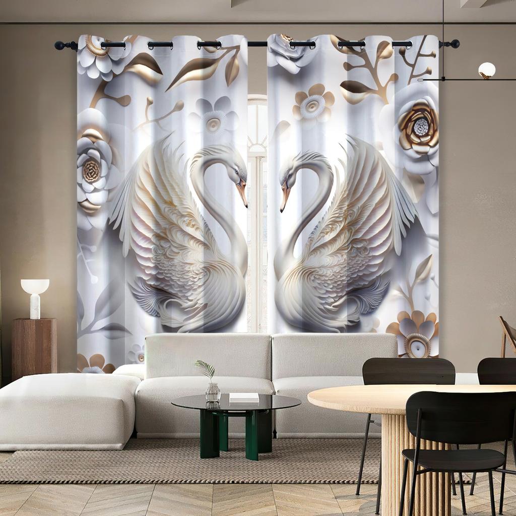2pcs White Swan Print Blackout Curtains Thermal Insulation Multiple Sizesr Living Room Bedroom Decoration Machine Washable