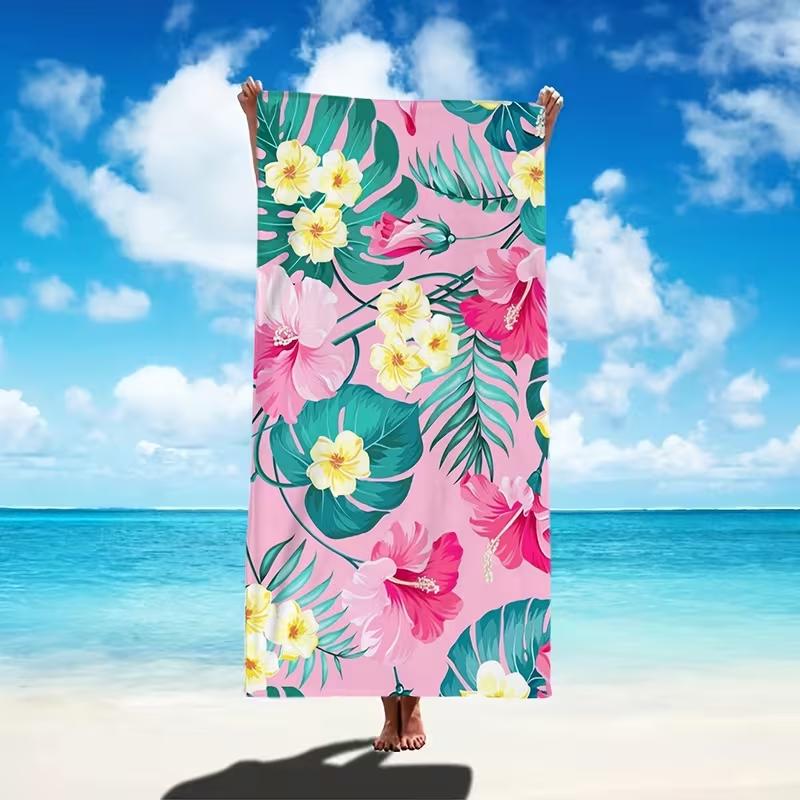 Pink Background Hibiscus Plumeria Tropical Beach Towel Sand Free Towel Monstera Palm Leaf Floral Print Lightweight Blanket