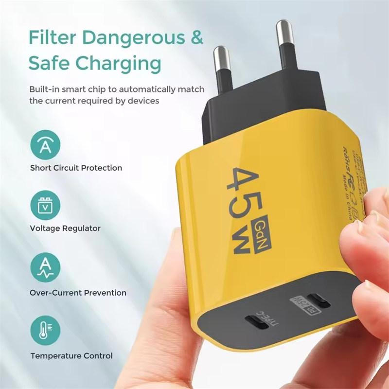 45W GaN Dual PD Charger Fast Charging USB Adapter For iPhone 15 iPad Samusng Huawei Tablet Laptop USB-C Quick Charge Plug