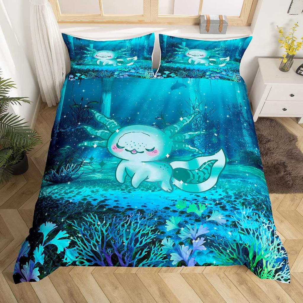 Cartoon Pink Axolotl Floral King Queen Duvet Cover Kawaii Salamander Bedding Set 3D Animal Quilt Cover Polyester Comforter Cover