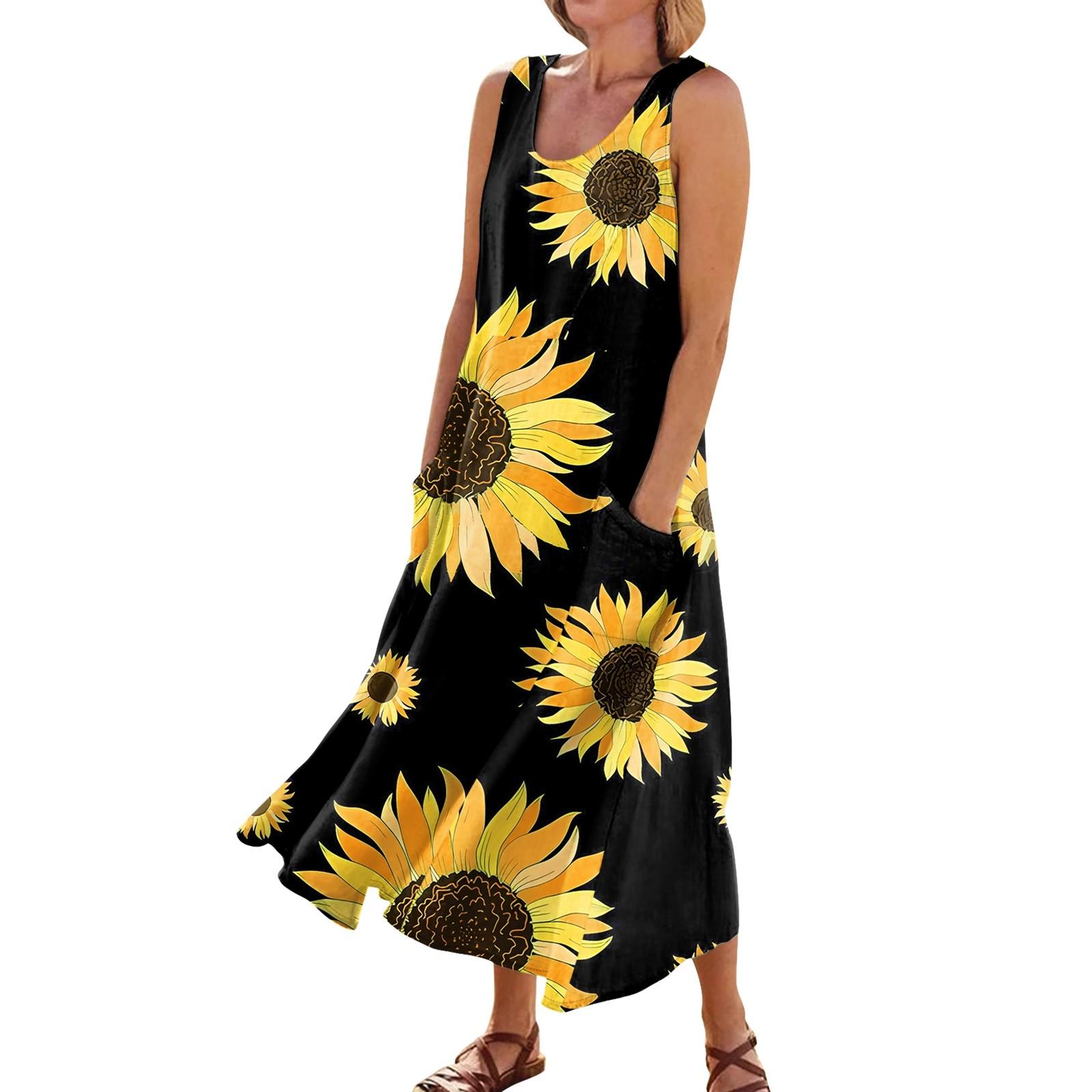 

Платье без рукавов для женщин. Женское летнее повседневное модное платье без рукавов с круглым вырезом и карманом с принтом. L чёрный