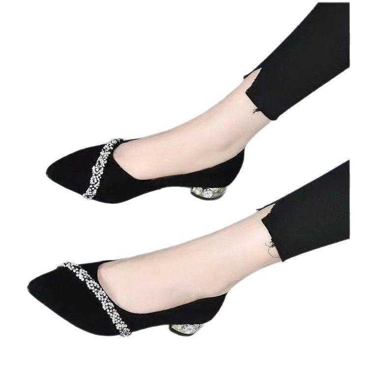 Low-heeled Rhinestone Pointed Women's Shoes Spring New Elegant Thick-heeled Light-mouth Single Shoes Women's Matte Ladyshoes Black Work Shoes