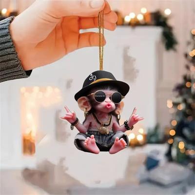 Weihnachts-Affen-Anhänger, 2D-Acryl, hängendes Ornament, Cartoon-Affe, Weihnachtsbaum-Ornament, Auto-Innenausstattung, Geschenk für Tierliebhaber