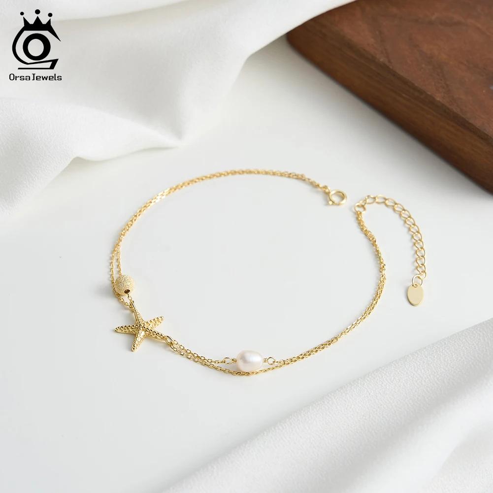ORSA JEWELS Vintage Double Layer 925 Silver Star Anklet with Natural Pearl Starfish Foot Chain Beach Jewelry SA101