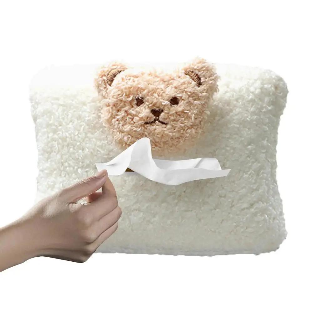 Cute Cartoon Plush Bear Car Headrest Tissue Box Case Paper Tower Holder Auto Visor Hanging Organizer Styling Car Accessories
