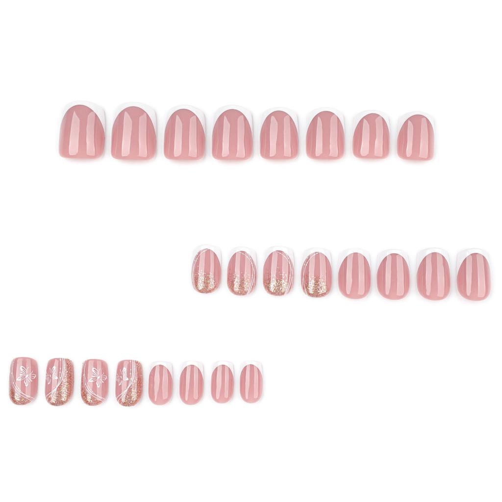 French White Butterfly Glitter Short Square False Nails