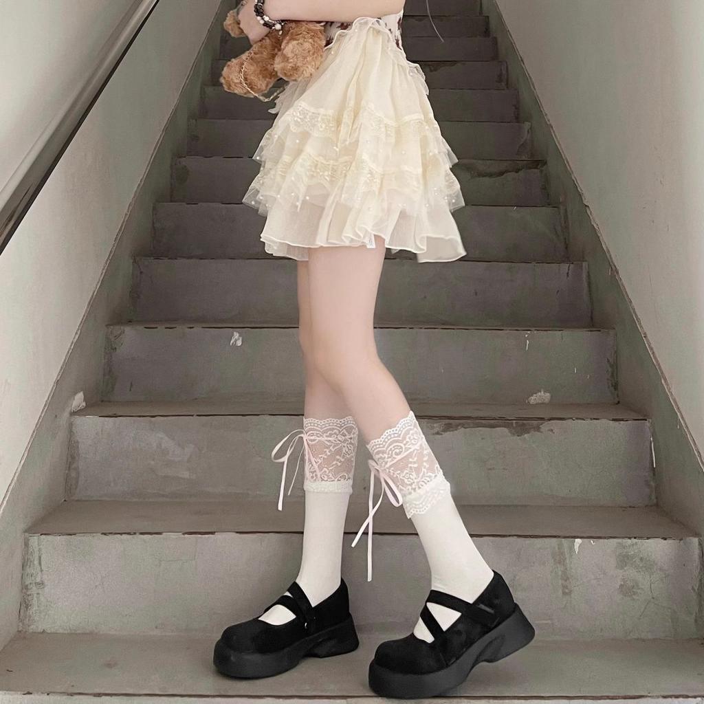 Różowa Seria Kokarda Wstążka Podkolanówki | Koronkowe Falbanki Wiązane Podkolanówki - Japońskie Podkolanówki do Połowy Łydki