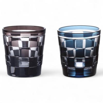 Mizukage Kiriko Pair of Checkered for Cold Checkered Purple Ink Current Model J-kitchens Glasses, Design, Small, Sake, 55xH58mm, 65cc, & Blue, Bisho,