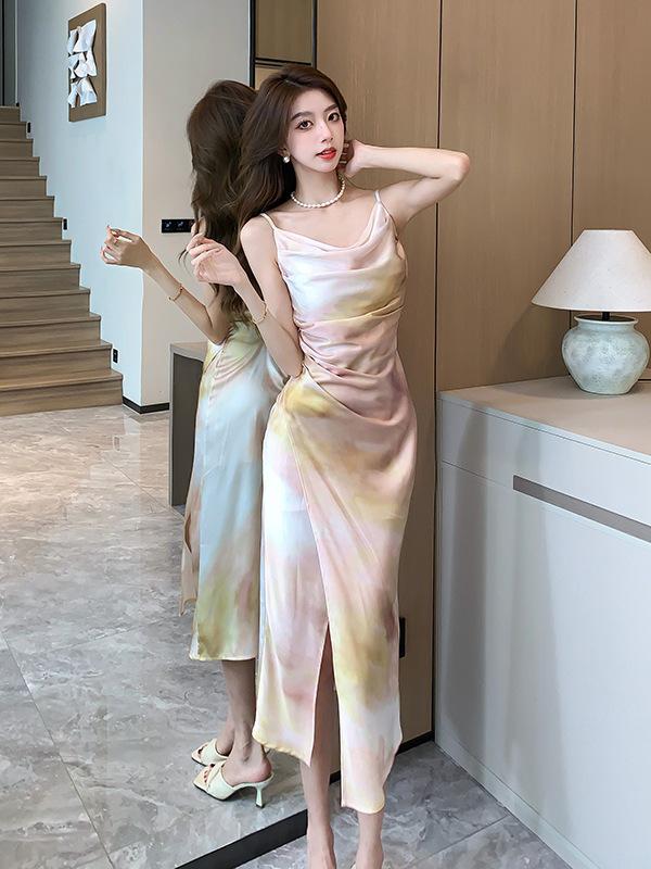 In-Stock French Cowl Neck Satin Print Spaghetti Strap Summer Dress