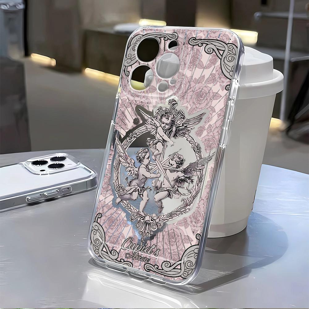 Retro European Cupid Angel Aurora Laser Phone Case For iPhone 16 15 14 13 12 11 7 8 X XS Pro Max INS Glitter Lens Protect Cover