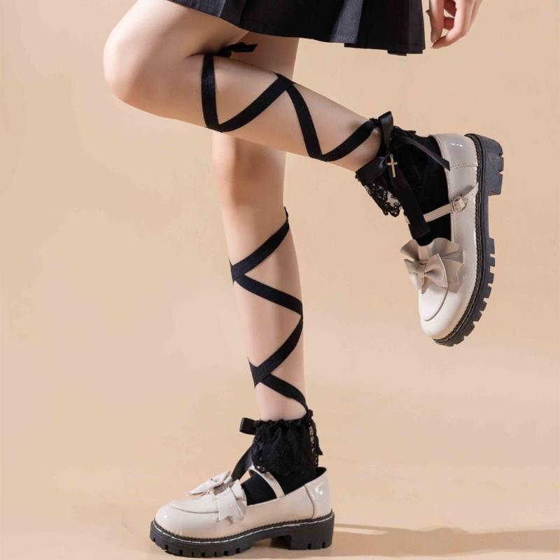 Women Japanese Ballet JK Sweet Ruffle Lace Cotton Crew Socks Elegant Ribbon Tie Bandage Solid Color Ankle Socks Hosiery