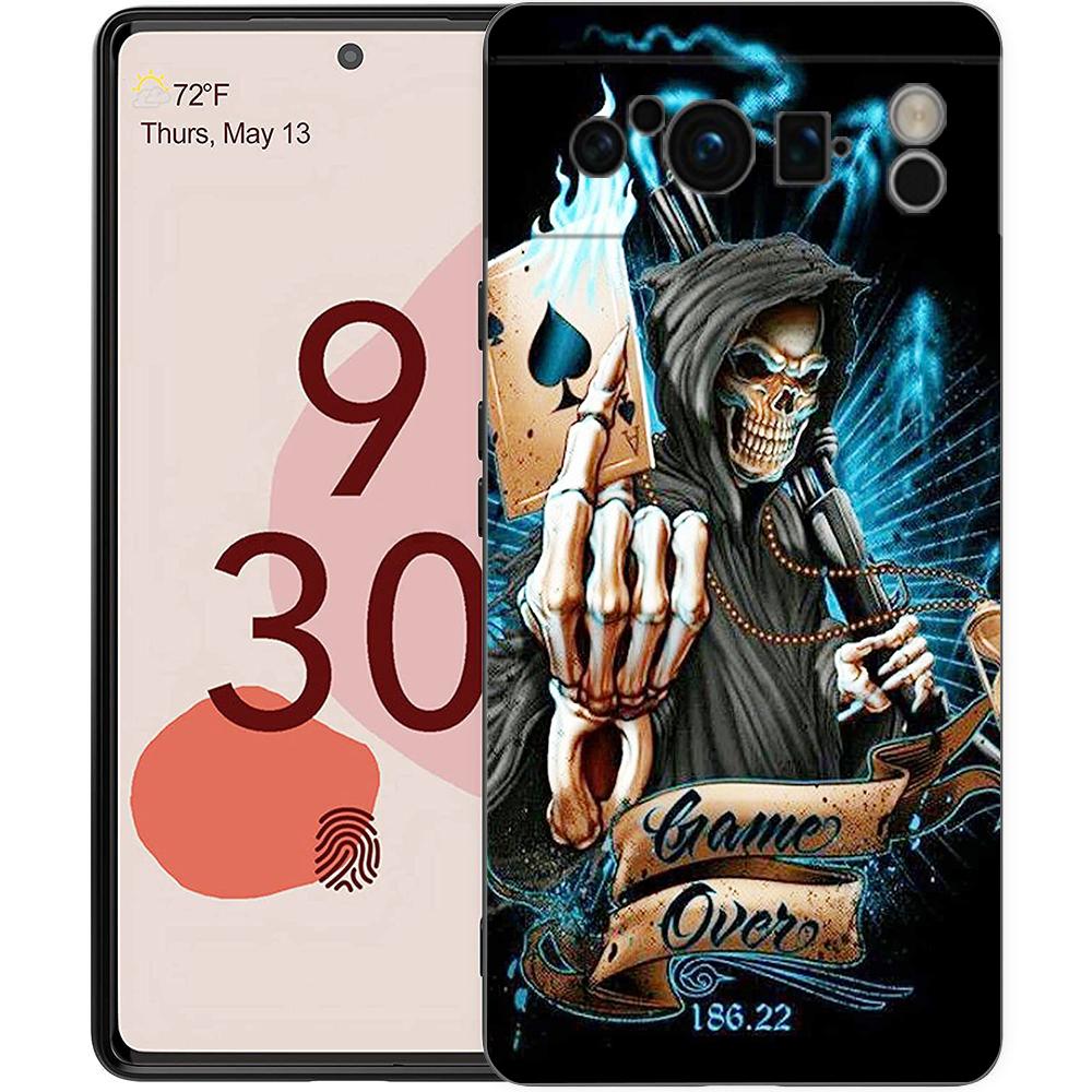 

Чехол для телефона Google Pixel 6 7 8 9 Pro XL 8A 7A 6A Черный Чехол Мягкий Корпус Жнец Череп Скелет Pixel 9