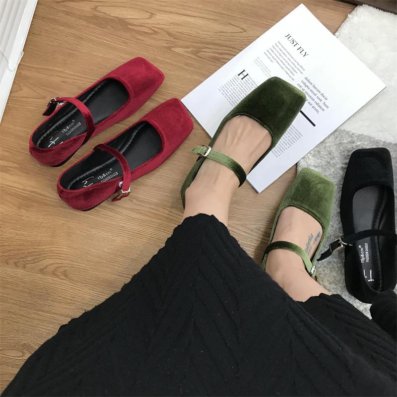 Modne Bailamos Modne Damskie Baleriny Welurowe Damskie Kwadratowy Nosek Płytkie Klamra Codzienne Buty Baleriny Wsuwane Outdoorowe Buty Mary Jane