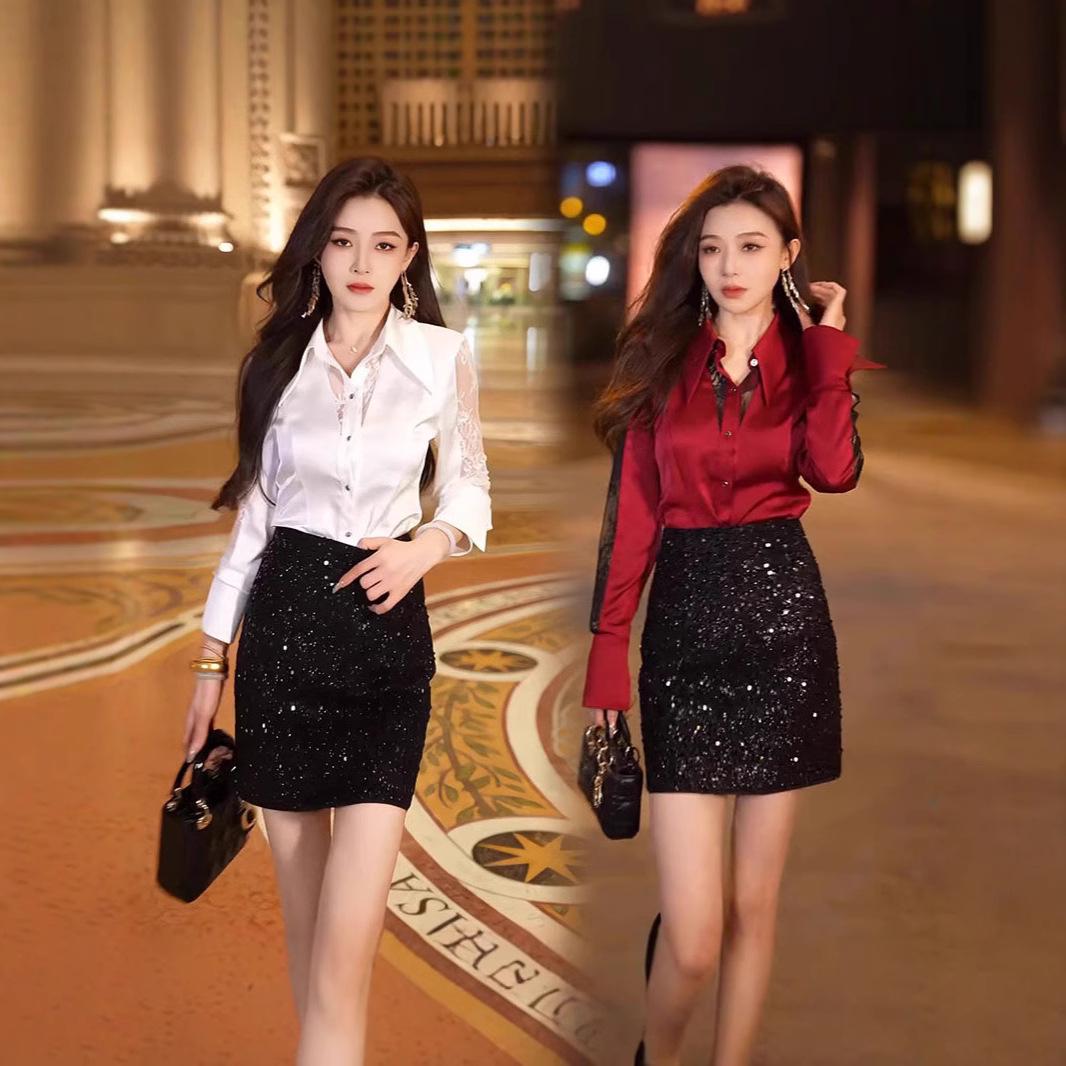 

French Lace Slimming Satin Shirt with Lapel XL
