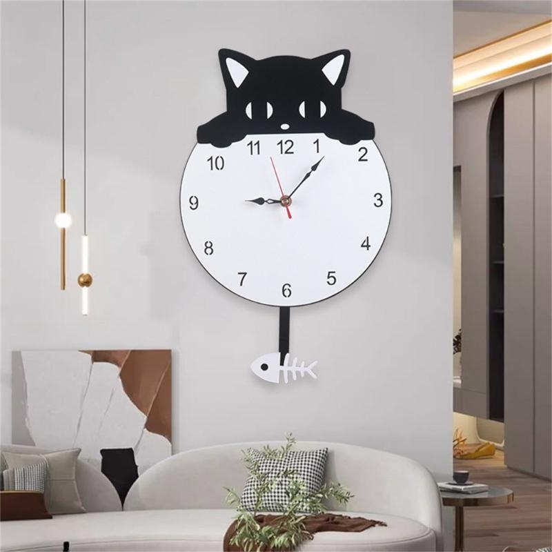 Quiet Movement Acrylic Pendulum Wall Clock with Funny Cats Fish Design Arabic Numerals for Living Room Bedroom Decors