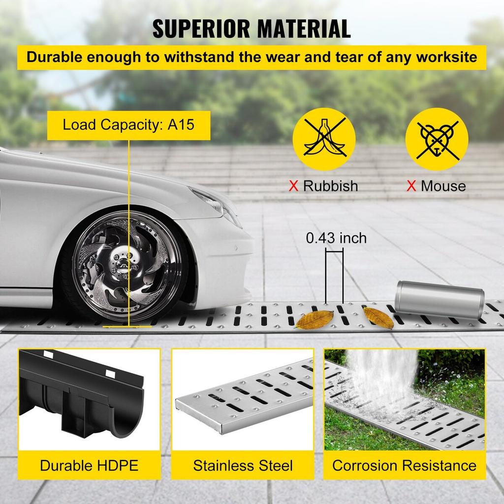 Trench Drain System, Channel Drain with Metal Grate, 150x130 Mm HDPE Drainage Trench, Black Plastic Garage Floor Drain, 3x39 Trench Drain Grate, with