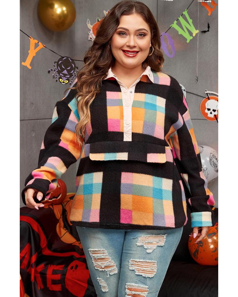 Azura Exchange Black Plus Size Checkered Print Sherpa Henley Sweatshirt
