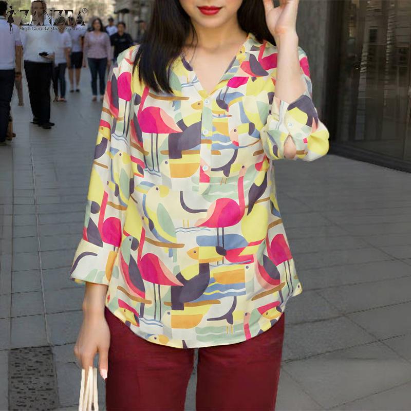ZANZEA Bluză casual de damă cu gât în V, mâneci 3/4, croială largă și imprimeu