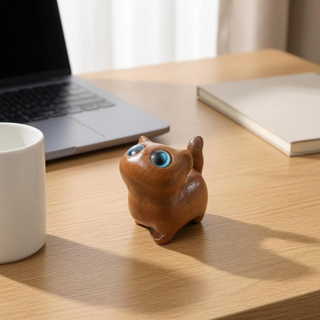 Wooden Cat Figurine Smooth Collectible Cute for Desk, Display