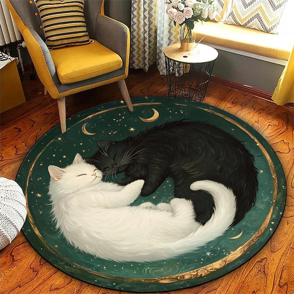 Yin Yang Cat Circular Carpet with Anti Slip Backing Flannel Carpet Machine Washable for Living Room Lightweight Home Decor