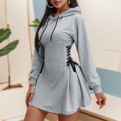 Kadın Sweatshirt Elbise Günlük Uzun Kollu İpli Kapüşonlu Elbise Pullover Tunik Yan Bağcıklı A Kesim Elbise