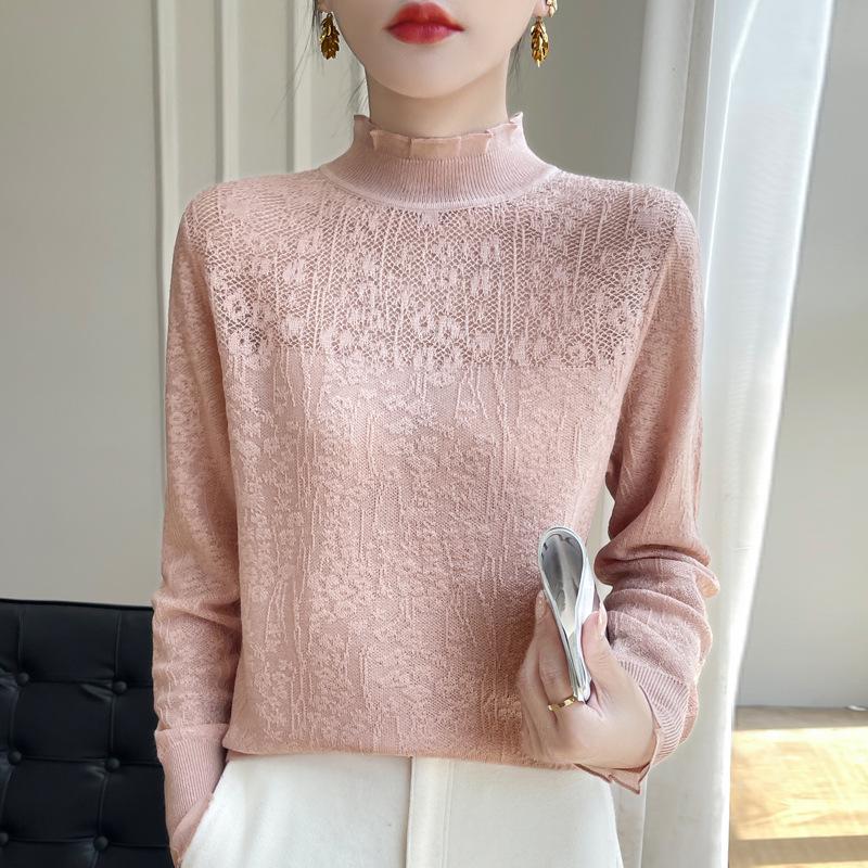 2025 Women's Lace Patchwork High Collar Imitation Wool Sweater with Ruffle Trim
