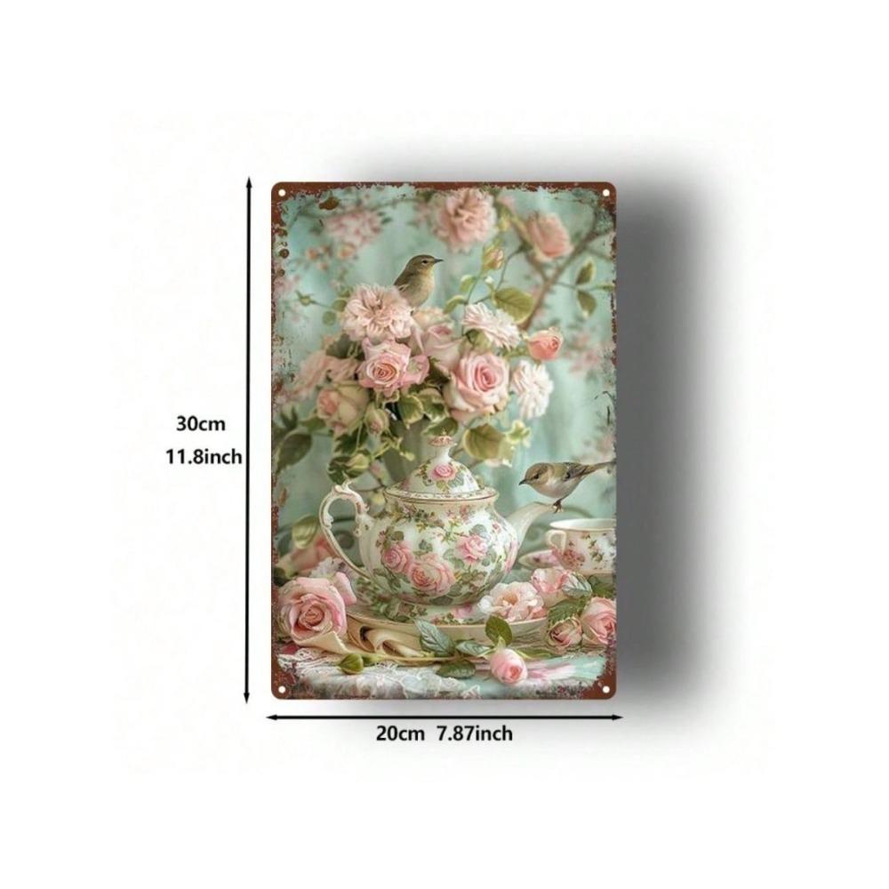 Vintage Metal Wall Art Teapot with Rose Decor Waterproof Home Decor