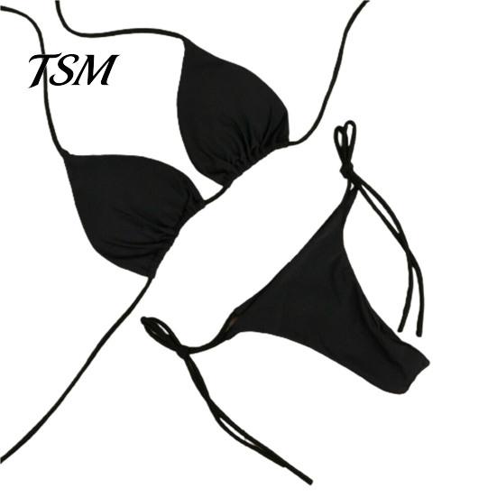Lady Swimwear 2 Pcs/Set Bikini Set Solid Color Halter Neck Women Swimsuit Strap Thong for Beach