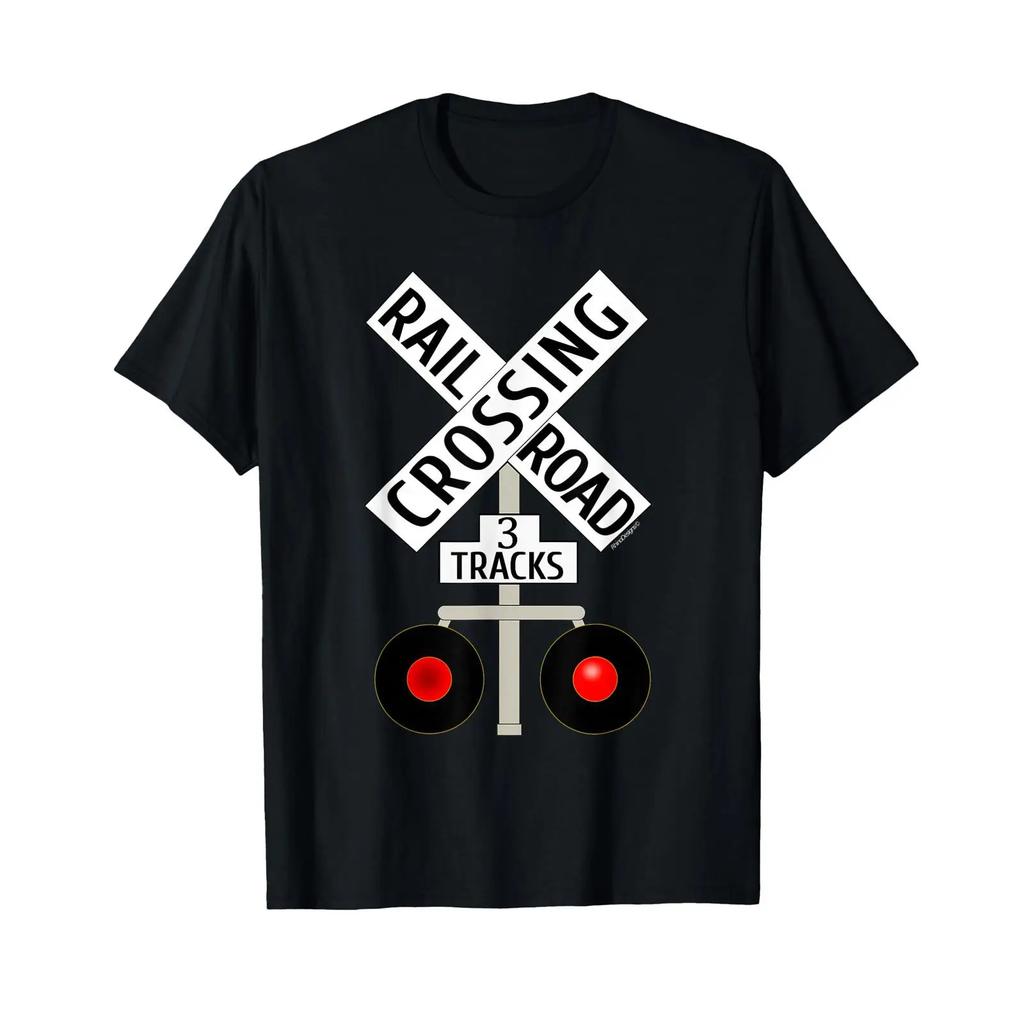 Train Railroad Crossing Lights 3 Tracks Road Sign T Shirt Vintage Unisex Graphic Slightly Versatile Homme