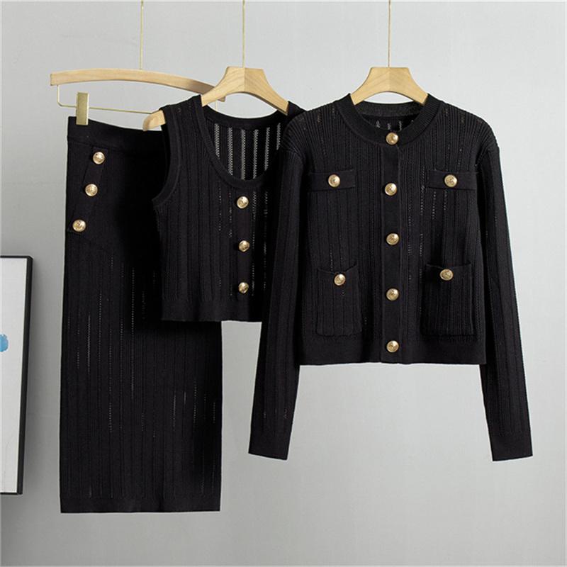 

Вязаный женский костюм, осенний новый кардиган-свитер+жилет+юбка набор из трех предметов One Size чёрный