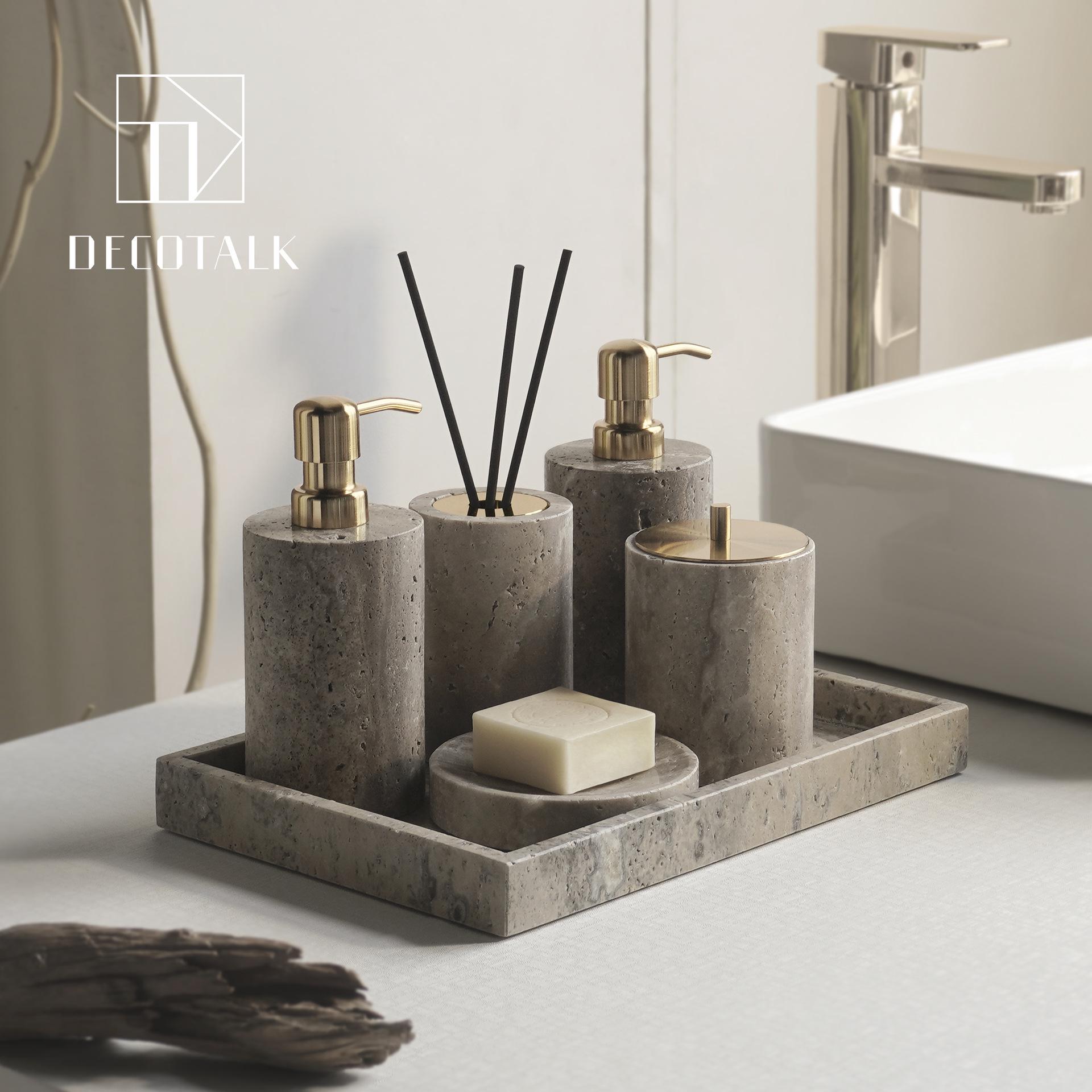 Wabi-Sabi Silver-Grey Travertine Bathroom Set: Washbasin Tray & Décor.