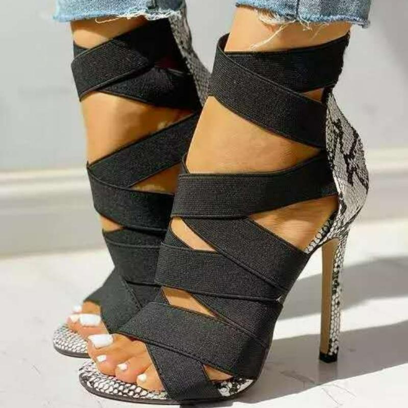 Women Pumps Snake Pattern High Heels Roman Pointed Toe Women's Shoes Back Zipper Thin Heel Sandals Fashion Elastic Casual Shoes