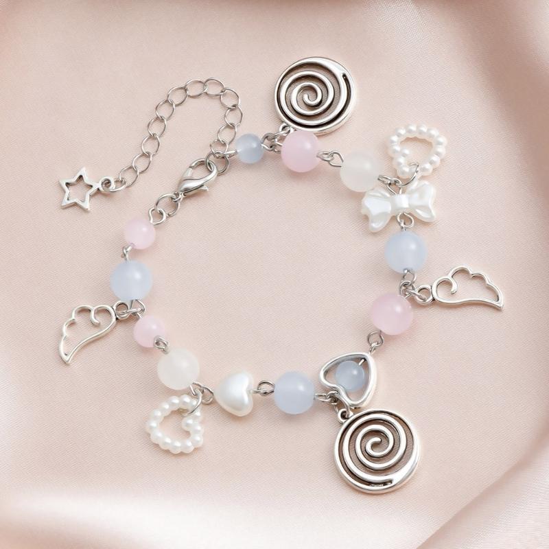 Handcrafted Beaded Bracelet with Heart Star Wing Pendant Wristband Pearls Bowknot Bracelet Adjustable Chain Jewelry Gift