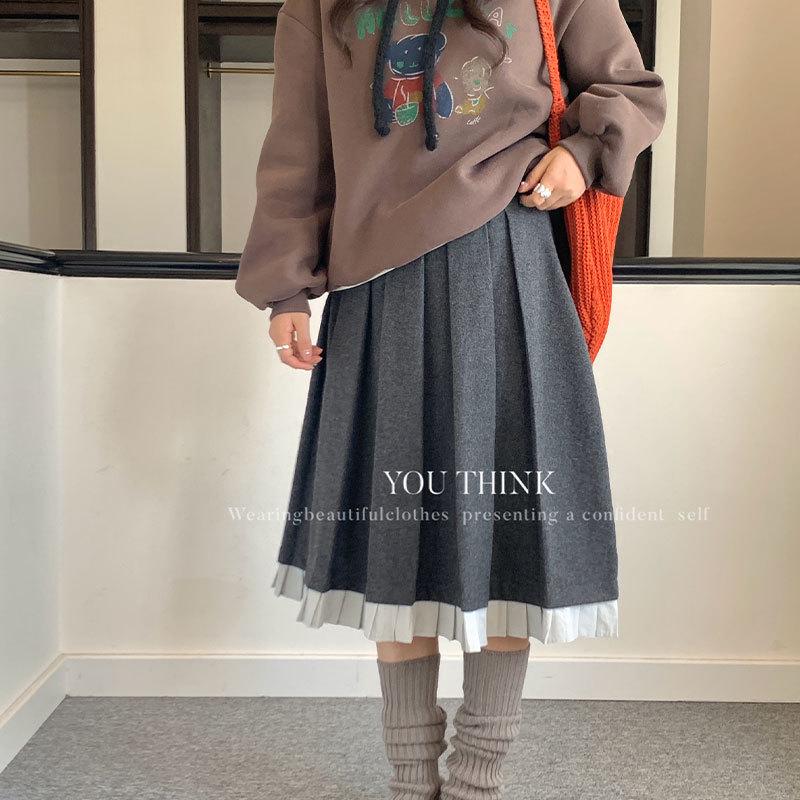 13th Row Winter Korean Fashion Woolen Color Block A-Line Skirt M серый