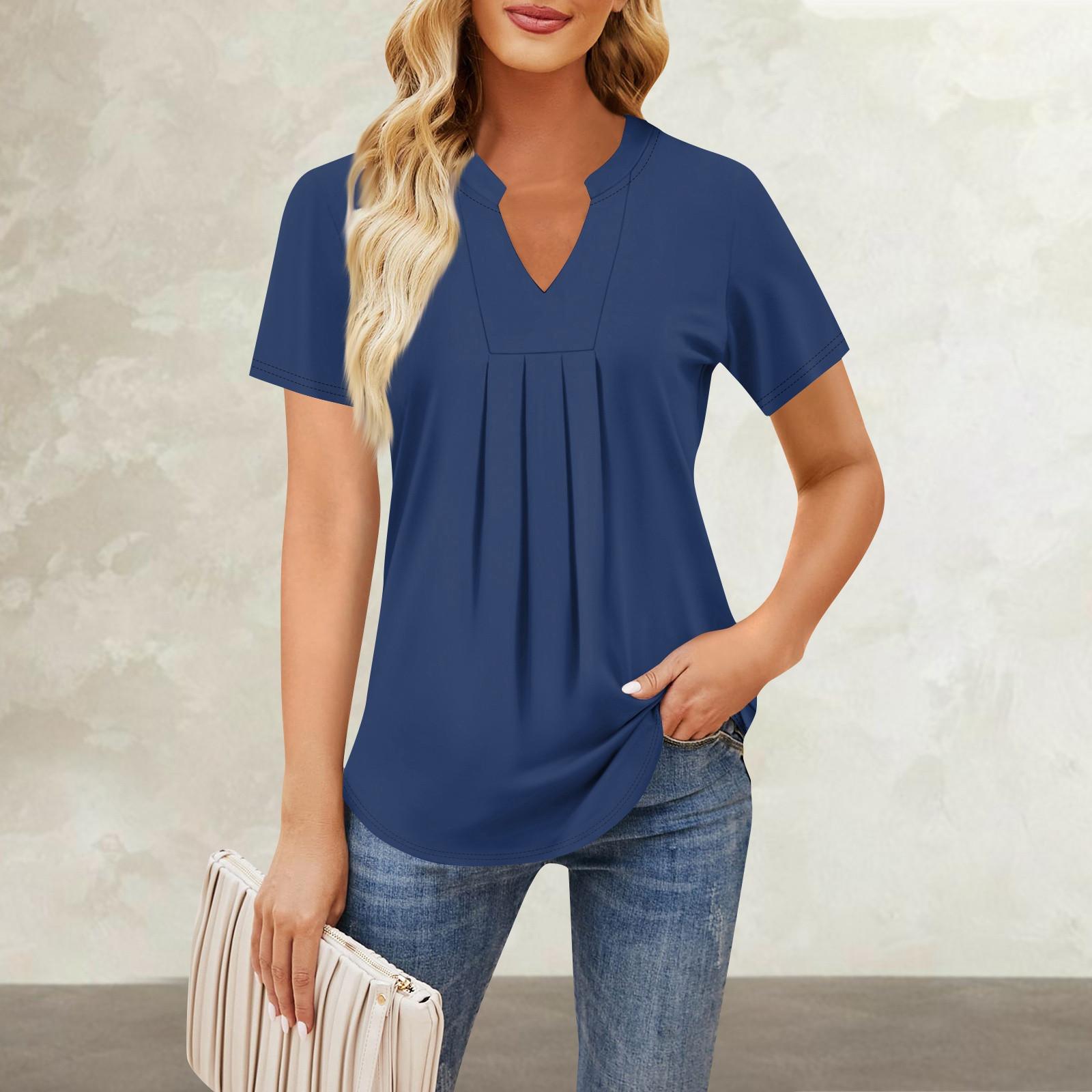 Женская повседневная свободная футболка с коротким рукавом и v-образным вырезом на груди — фото 14